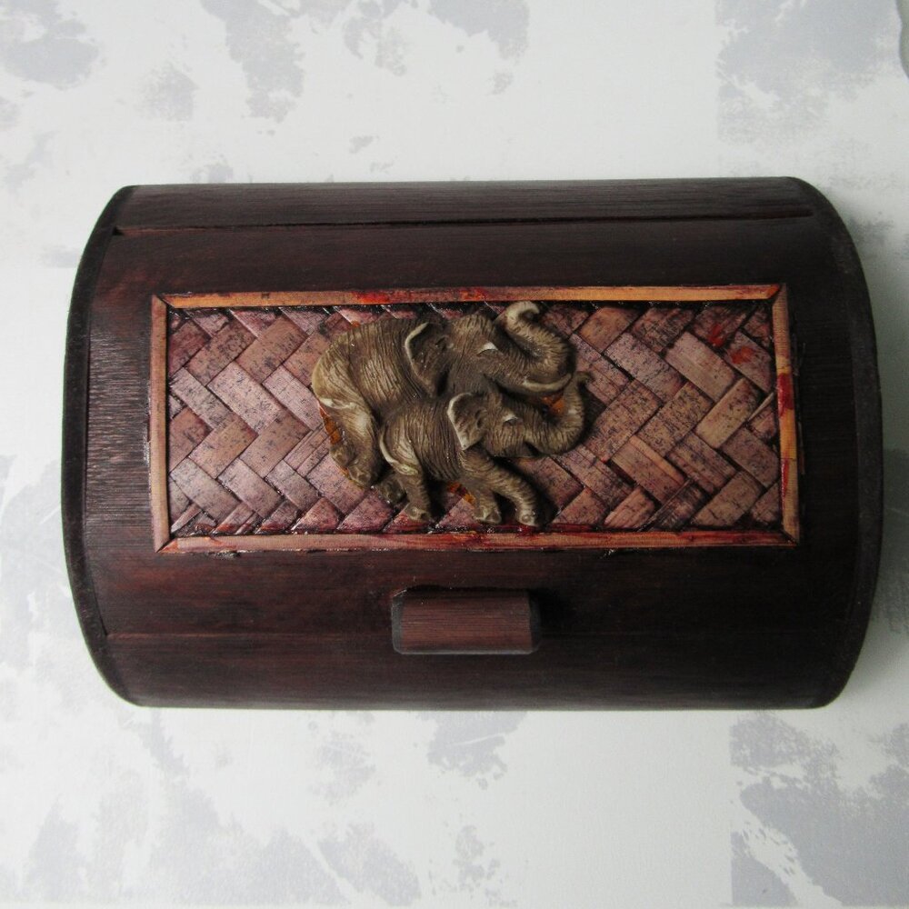 Handmade Curved Rectangular Decorative Wood Box with Elephant Made in Myanmar